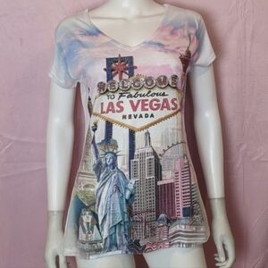 Welcome to Las Vegas Short Sleeve V Neck Rhinestone Embellished Tee size Medium